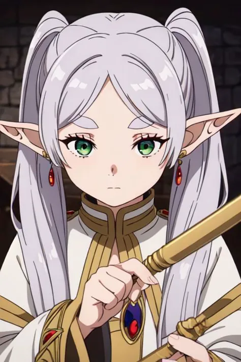 masterpiece,high quality,1girl,solo,elf,white hair,grey hair,earrings,pointy ears,long hair,ponytail,green eyes,twintails,parted bangs,thick eyebrows, using a wizard staff, casting a spell