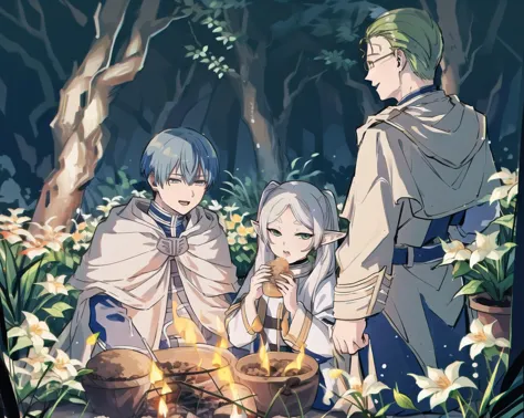 anime characters sitting around a campfire in a forest