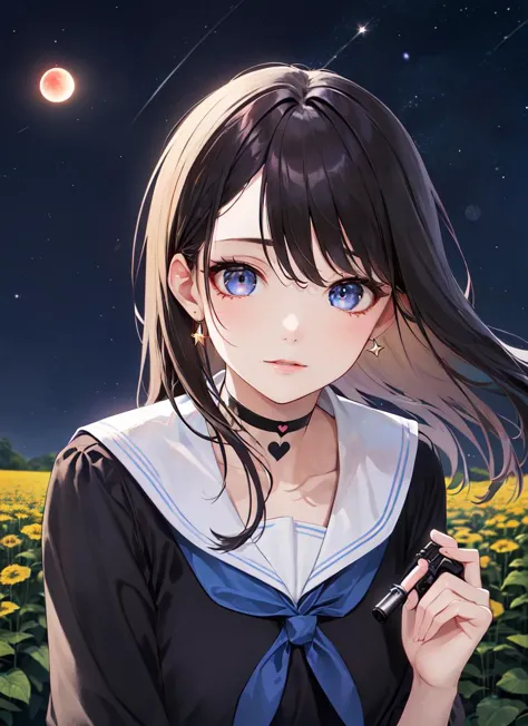 anime girl with blue eyes and black hair standing in a field of sunflowers