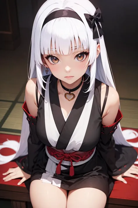 (masterpiece, best quality, ultra detailed, ultra highres), 1girl, solo, sitting, close up, from above, white hair, hime style, straight hair, hime cut, blunted bangs, draped hair, cascading hair, flowing hair, (black side ribbon hair ornaments:1.1), <lora:hime_style-1.0:0.7>, miko, white and black kimono, ribbon trimmed sleeves, detached sleeves, xheartchokerx, hcpendant, <lora:heart-choker-base-anylora-v1-1-1-000018_1_BiiIiMoOOo_WOF:0.8>, sfw,