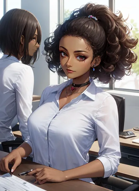 ((best quality)), ((highly detailed)), masterpiece, absurdres, (detailed eyes, deep eyes), (1girl), reflection, upper body, <lora:heart-choker-v1:1>, xheartchokerx, hcpendant, <lora:hairdetailer:.5>, ((dark skin, dark-skinned female, ebony)):1.2, dark brown hair, (very curly hair), brown eyes, (inside, at an office, desk)