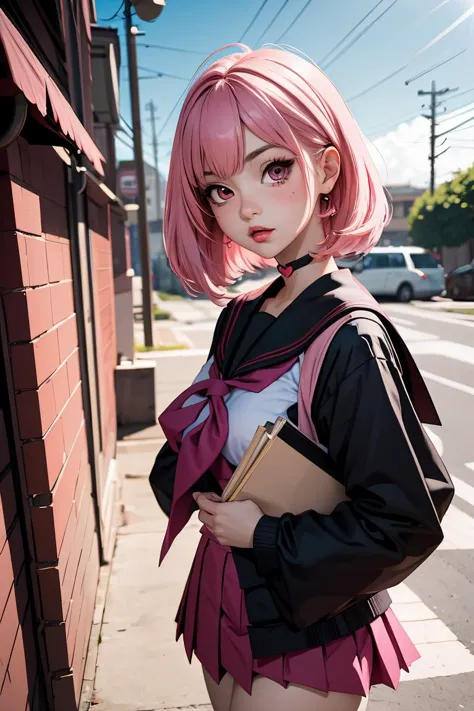 (masterpiece, best quality), 1girl, pink hair, black serafuku,   <lora:heart-choker-base-anylora-v1-1-1-000018_1_BiiIiMoOOo_WOF:1> xheartchokerx,hcattached