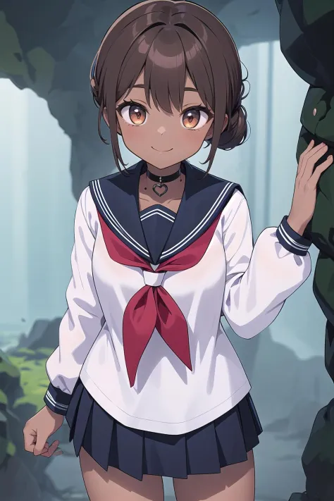 anime girl in a school uniform standing in front of a waterfall