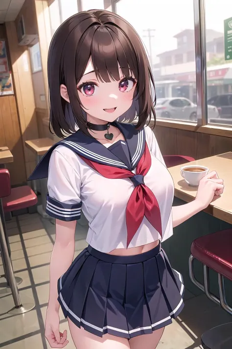 anime girl in a school uniform standing in a restaurant