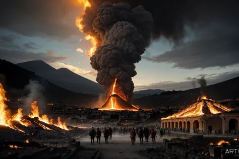 Dramatic and tragic depiction of the fall of Pompeii, the ancient Roman city engulfed in the cataclysmic eruption of single volc...