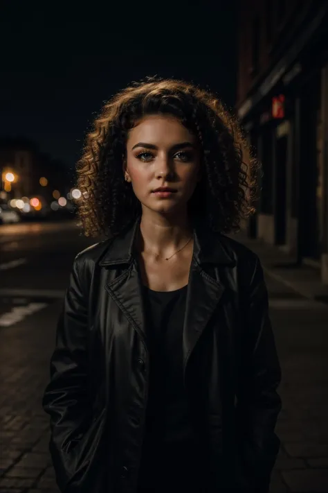 masterpiece,cinematic, filmic image 4k, 8k ,1girl,curly hair,in the dark,deep shadow,city night background,