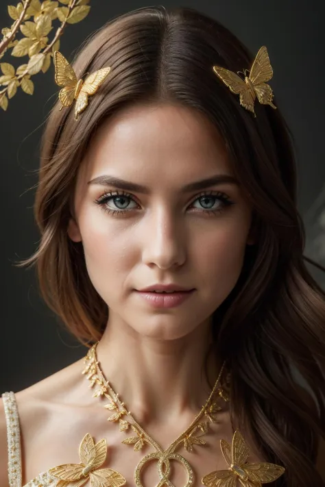 (masterpiece:1.2), best quality,(HDR:1.4),8k portrait of beautiful cyborg with brown hair, intricate, elegant, highly detailed, majestic, digital photography, art by artgerm and ruan jia and greg rutkowski surreal painting gold butterfly filigree, broken g...