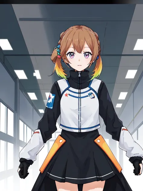 anime girl in uniform standing in a hallway with a white background