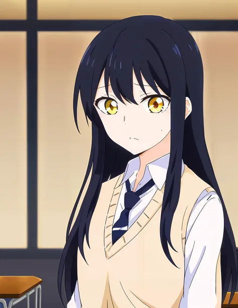 anime girl with long black hair and yellow eyes in a school uniform