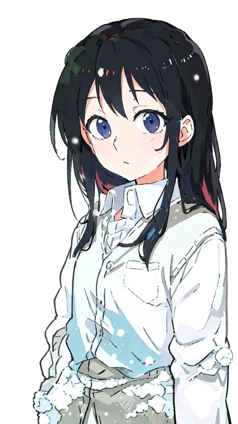 anime girl with long black hair and blue eyes in white shirt