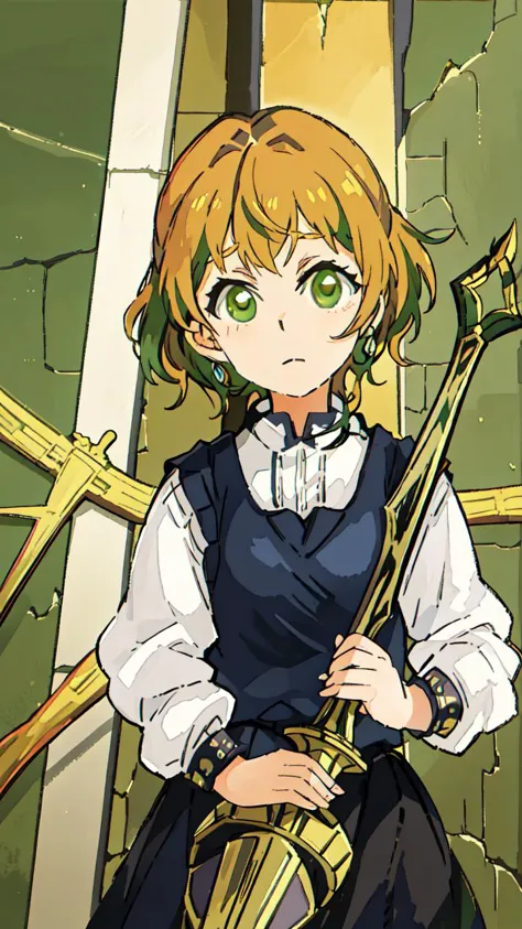 anime girl with a sword and a bow in front of a building