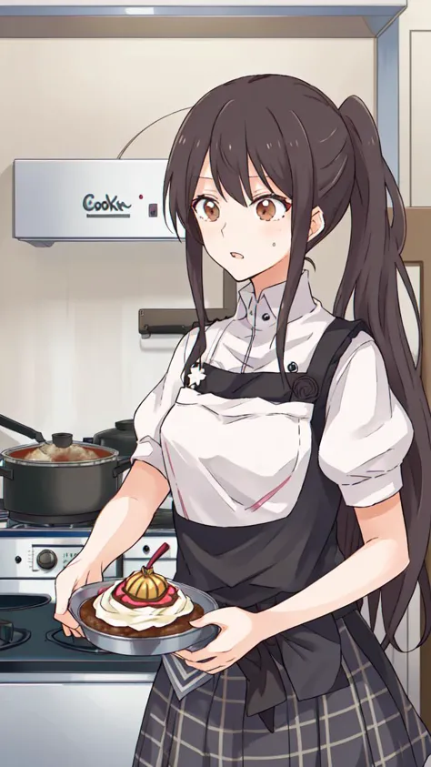 anime girl in uniform holding a plate of food in a kitchen