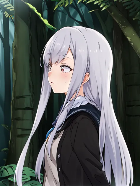 anime girl with long white hair and black jacket in forest