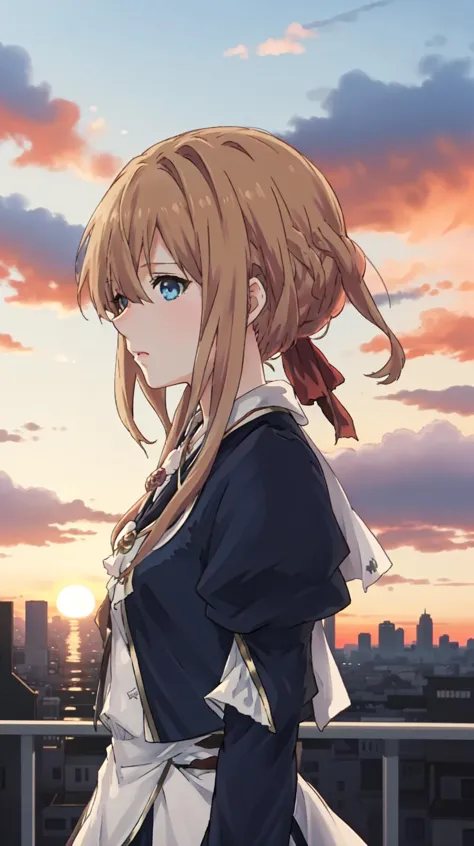 anime girl with long hair and blue eyes standing on a balcony