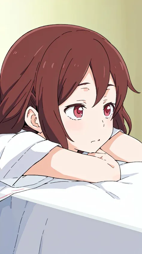 anime girl laying on bed with red eyes and long hair