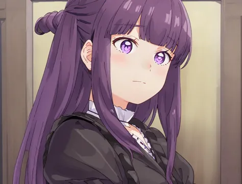 anime girl with purple hair and purple eyes in a room