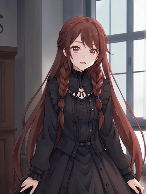 anime girl with long brown hair wearing a black dress and black shoes