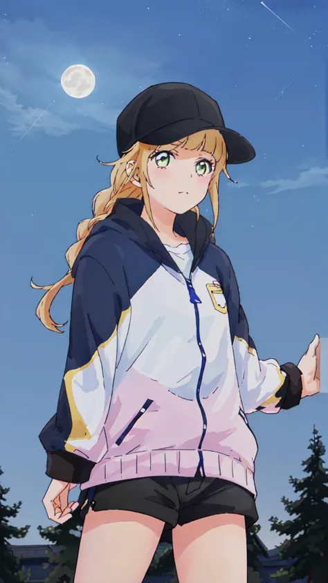 a woman in a baseball cap and shorts standing in front of a full moon