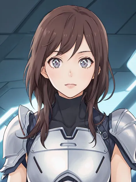 a close up of a woman in a futuristic suit with a sword