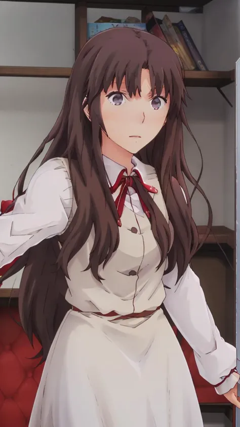 anime girl in a white dress with long brown hair and a red bow