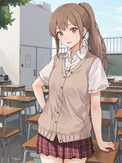 anime girl standing in a classroom with desks and chairs