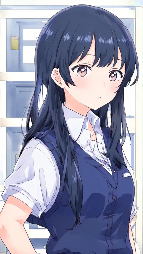 anime girl with long black hair and blue dress standing in front of a refrigerator