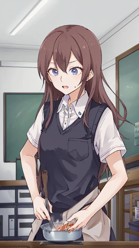 anime girl in a school uniform preparing food in a kitchen