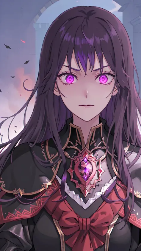 a close up of a person with long hair and purple eyes