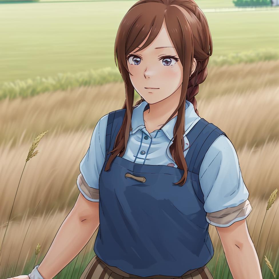 Anime girl in a field with a blue shirt and brown skirt - SeaArt AI