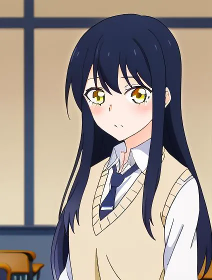 anime girl with long black hair wearing a school uniform and a tie