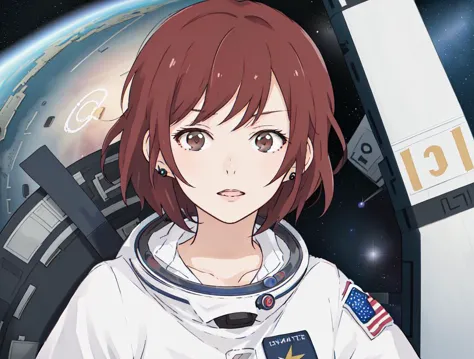 anime girl in space suit with space station in background