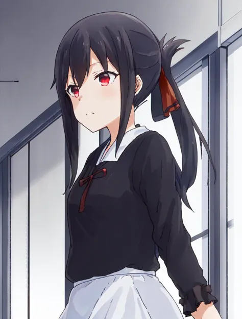 anime girl with black hair and red eyes in a school uniform