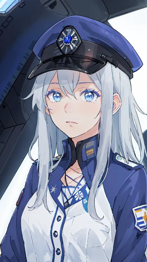 anime girl in uniform with blue eyes and white hair