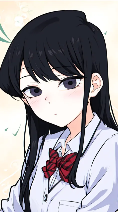 anime girl with long black hair and a bow tie