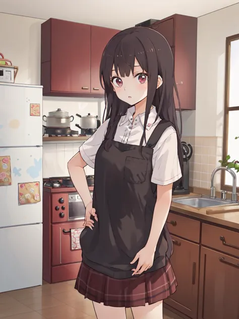 anime girl in a kitchen with a refrigerator and a refrigerator