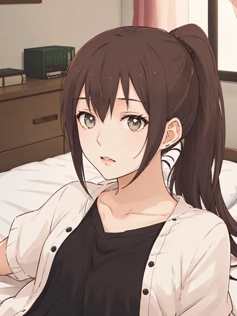 anime girl with ponytail hair laying on bed in bedroom