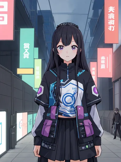 anime girl in a short skirt and jacket standing in a city street