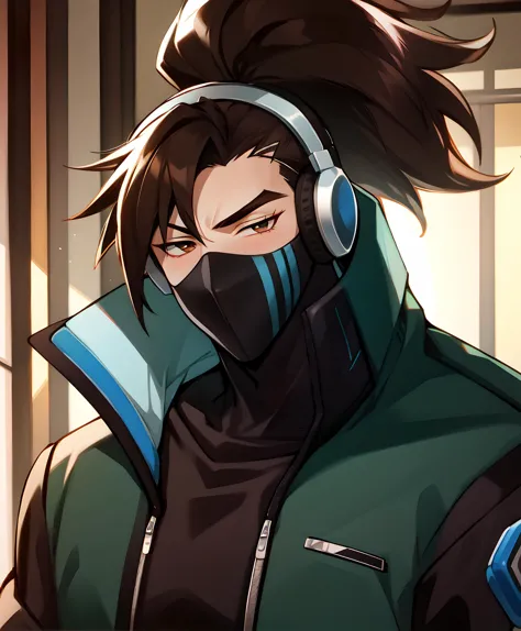 solo, looking away, sharp lighting, dramatic, vibrant, 8k hdr, dslr, (best quality), (masterpiece), yasuo td, long hair, brown hair, 1boy, jacket, ponytail, male focus, looking to the side, facial hair, mature male, stubble, yasuo td, mask, headphones, thick eyebrows, high collar, mouth mask, covered mouth