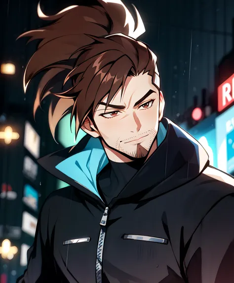 anime guy with brown hair and blue jacket standing in the rain