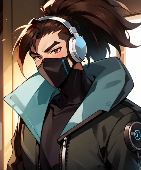 solo, looking away, sharp lighting, dramatic, vibrant, 8k hdr, dslr, (best quality), (masterpiece), yasuo td, long hair, brown hair, 1boy, jacket, ponytail, male focus, looking to the side, facial hair, mature male, stubble, <lora:Yasuo_TD-10 (1):0.7>,yasuo td, mask, headphones, thick eyebrows, high collar, mouth mask, covered mouth