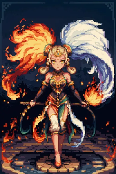 a pixel art of a woman with a sword and fire