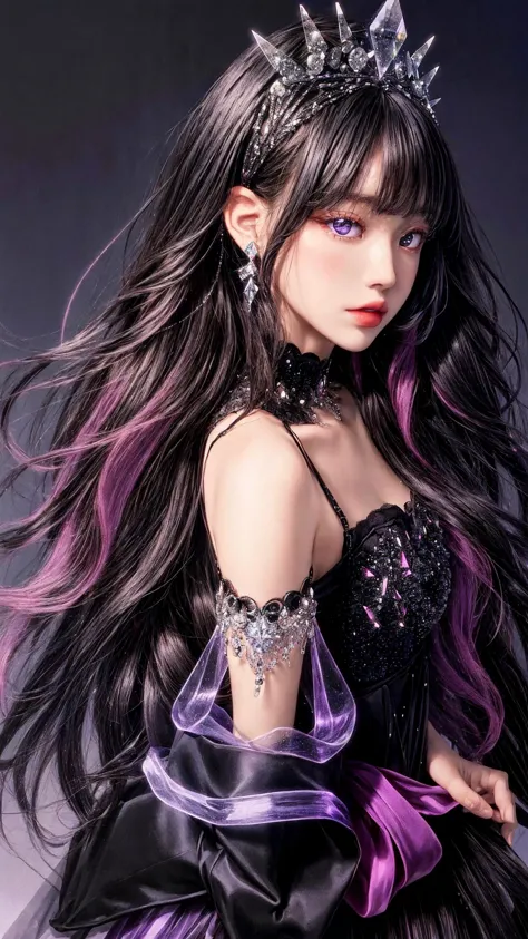 masterpiece, best quality, highres, 1girl wearing detailed Swarovski styled black clothing,crystal, black crystal hair band, young factional fashion, bare shoulders, <lora:more_details:1>, <lora:Crystal-fC-V1:0.6>, purple theme, excellent head to shoulder ratio, clean background,  <lora:koreanDollLikeness:0.4>, full body,  <lora:weddingdress:0.1>