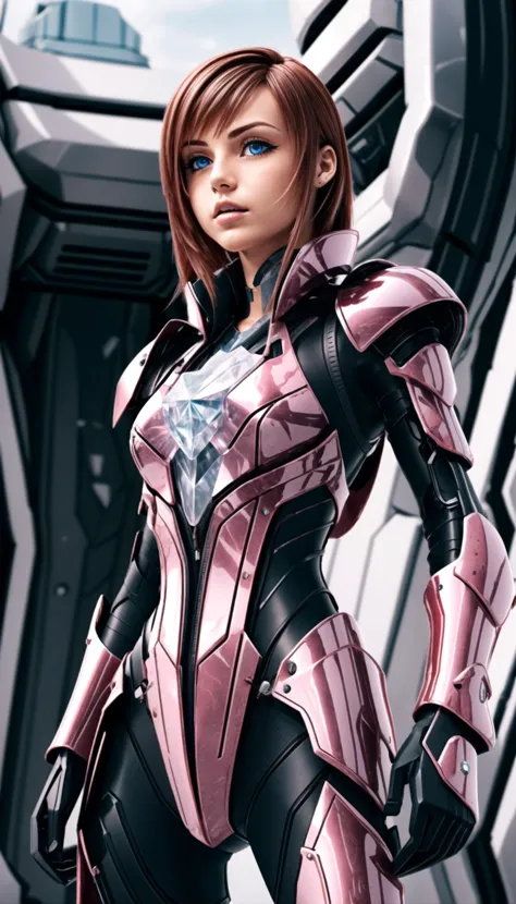 a woman in a pink suit standing in front of a futuristic building