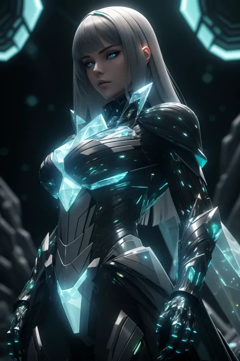 a woman in a futuristic suit standing in front of a dark background