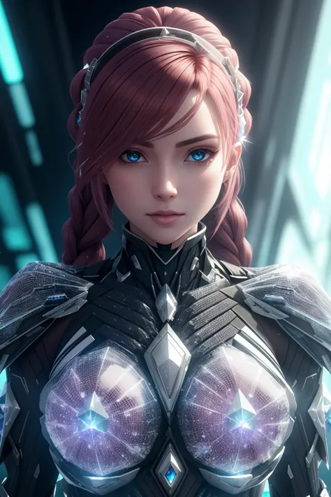 a woman with red hair and blue eyes in a futuristic outfit