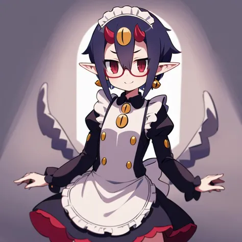 1girl, solo, masterpiece, best quality, illustration, absurdres, cute, film_grain, extremely detailed face, perfect lighting, smile, cowboy shot, <lora:desco_(disgaea):0.8>, desco \(disgaea\), short hair, hair between eyes, earrings, maid, maid dress, glasses, hair ornament,