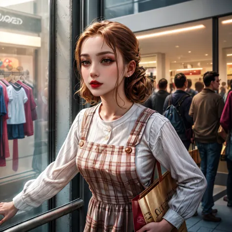 araffe woman in a dress and a purse looking out a window