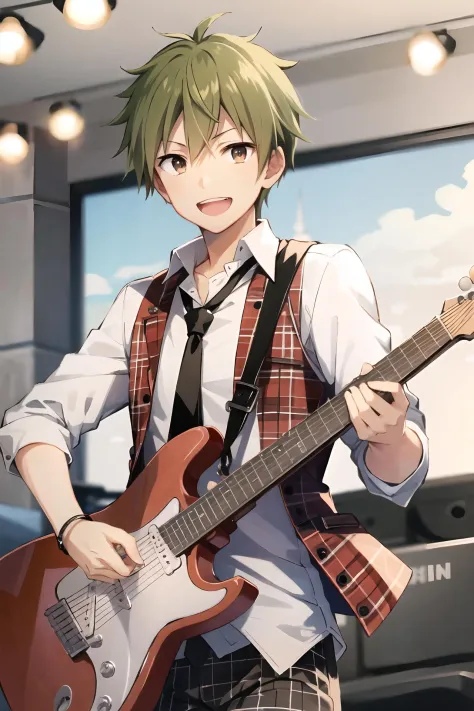 akiyama hayato\(side-m\), High Joker costume, 1boy, solo, male focus, looking at viewer, smile, open mouth, brown eyes, green hair, holding guitar, plaid, red vest, white shirt, collared shirt, bracelet,  black necktie, sleeves rolled up, electric guitar, loose necktie, on stage, playing instrument, plectrum