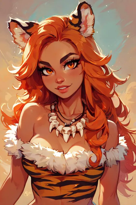 score_9, score_8_up, score_8, medium breasts,  (curvy), cute, eyelashes,    zzSavage, 1girl, solo, long hair, looking at viewer, animal ears, jewelry, collarbone, upper body, necklace, orange hair, bracelet, lips, orange eyes, fur trim, animal print, tiger ears, tiger print, tooth necklace,    bone necklace, tribal, solo, looking at viewer, cowboy shot,     