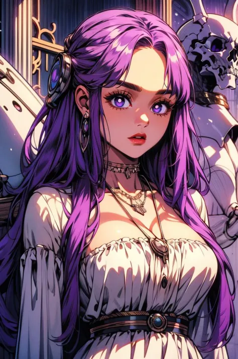 Savage_Design,  bone necklace, tribal,  robot joints,  FernFrieren, very long hair, purple eyes, (purple pupils), white dress,, ultra detailed, masterpiece, best quality, aesthetic, detailed,